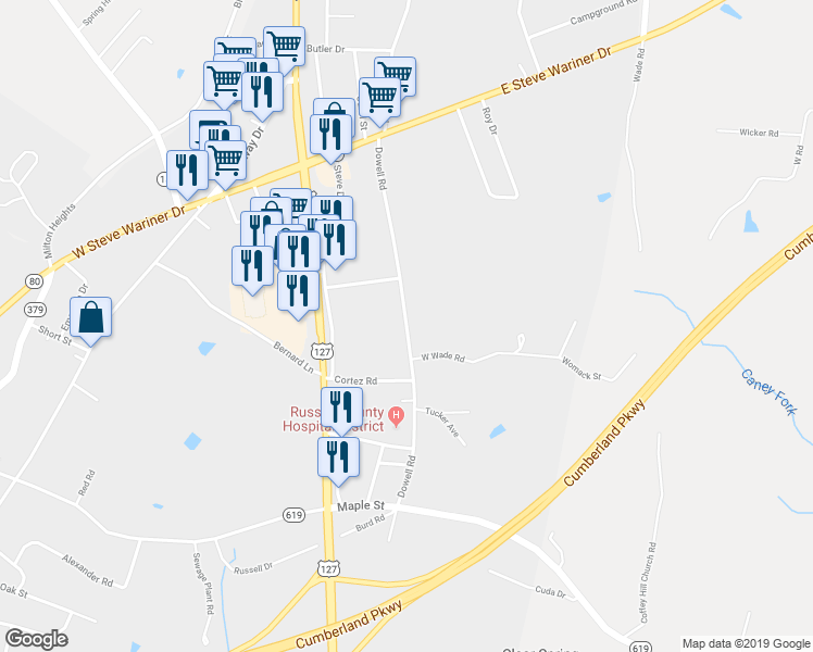 map of restaurants, bars, coffee shops, grocery stores, and more near Dowell Road in Russell Springs