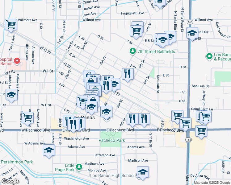 map of restaurants, bars, coffee shops, grocery stores, and more near 715 H Street in Los Banos