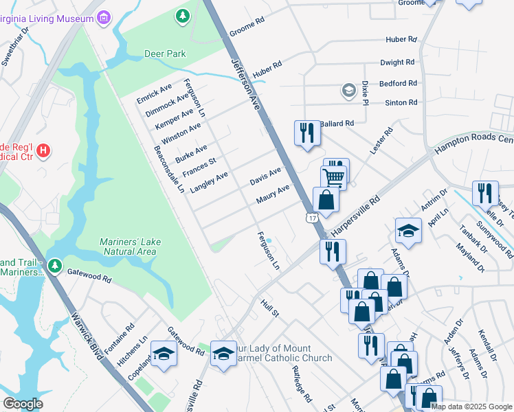 map of restaurants, bars, coffee shops, grocery stores, and more near 28 Maury Avenue in Newport News