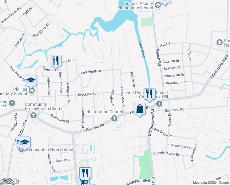 map of restaurants, bars, coffee shops, grocery stores, and more near 700 Allendale Drive in Hampton
