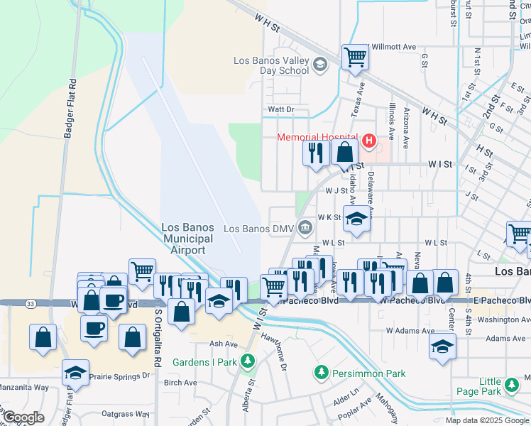 map of restaurants, bars, coffee shops, grocery stores, and more near 941 Granada Circle in Los Banos