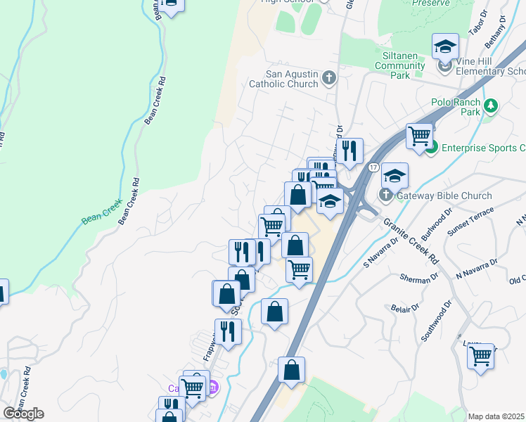 map of restaurants, bars, coffee shops, grocery stores, and more near 102 San Augustine Way in Scotts Valley