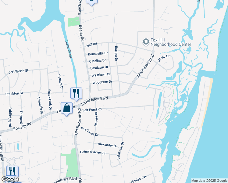 map of restaurants, bars, coffee shops, grocery stores, and more near 49 Silver Isles Boulevard in Hampton