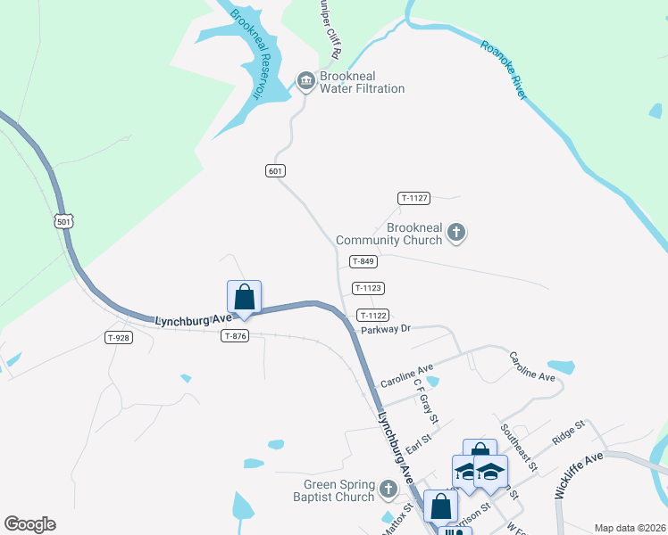 map of restaurants, bars, coffee shops, grocery stores, and more near 1226 Lynchburg Avenue in Brookneal