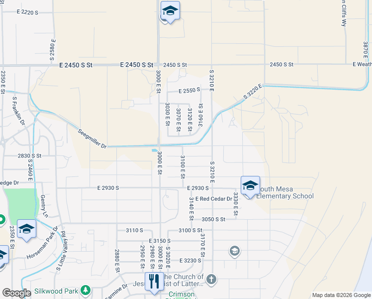 map of restaurants, bars, coffee shops, grocery stores, and more near 3088 East 2805 South Circle in St. George