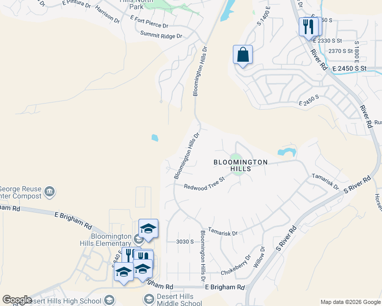 map of restaurants, bars, coffee shops, grocery stores, and more near 1110 Plum Circle in St. George