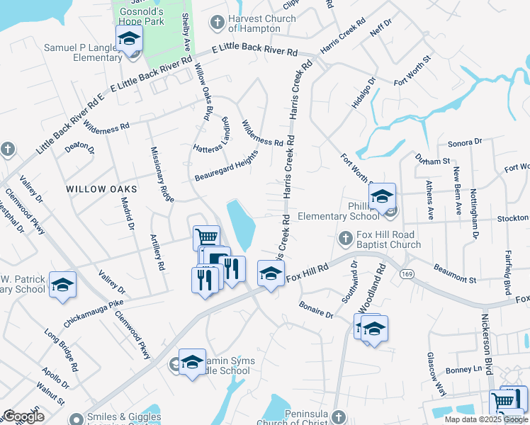 map of restaurants, bars, coffee shops, grocery stores, and more near 31 Harris Creek Road in Hampton