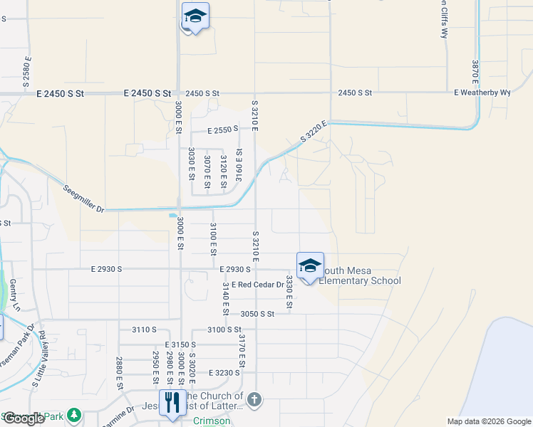 map of restaurants, bars, coffee shops, grocery stores, and more near 2772 Emily Lane in St. George