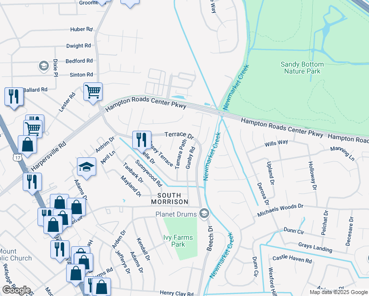 map of restaurants, bars, coffee shops, grocery stores, and more near 741 Gunby Road in Newport News