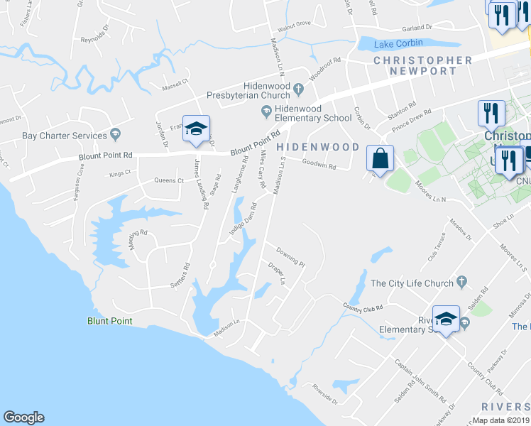map of restaurants, bars, coffee shops, grocery stores, and more near 22 Madison Lane South in Newport News