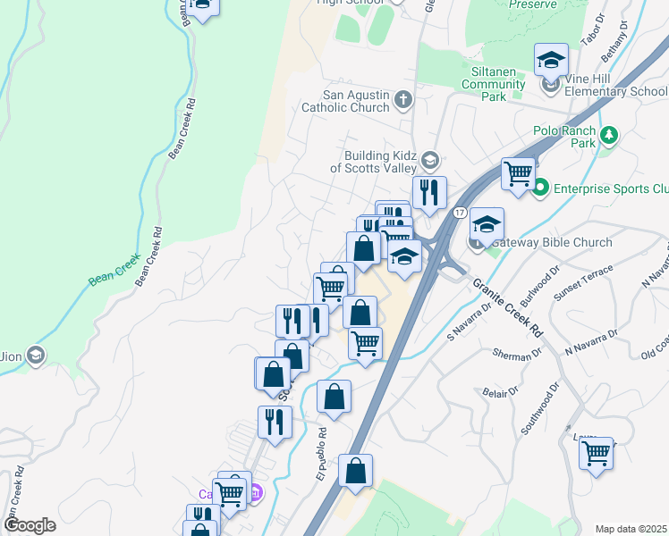 map of restaurants, bars, coffee shops, grocery stores, and more near 5525 Scotts Valley Drive in Scotts Valley
