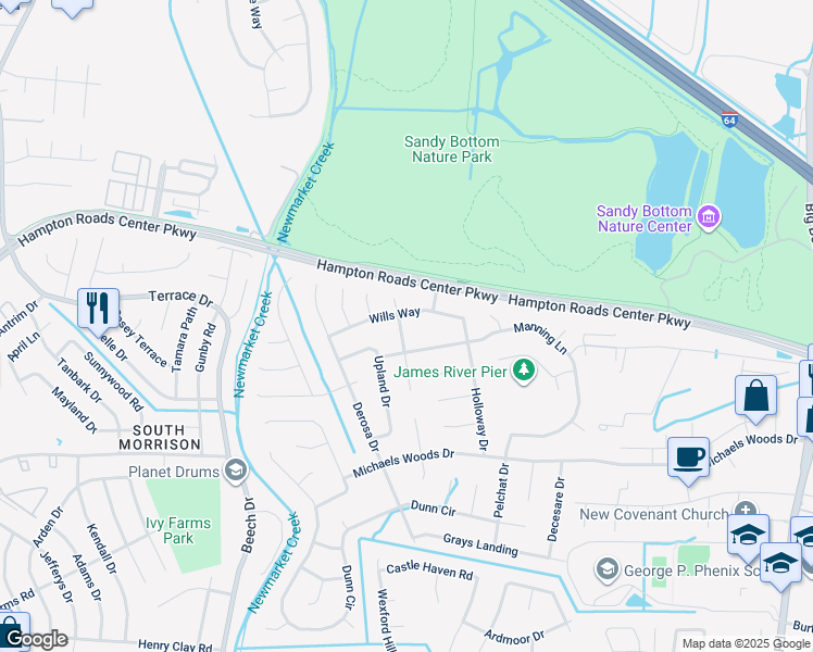 map of restaurants, bars, coffee shops, grocery stores, and more near 106 Glica Court in Hampton