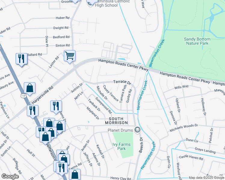 map of restaurants, bars, coffee shops, grocery stores, and more near 704 Nicole Place in Newport News