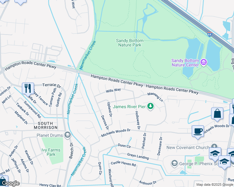 map of restaurants, bars, coffee shops, grocery stores, and more near 106 Glica Court in Hampton
