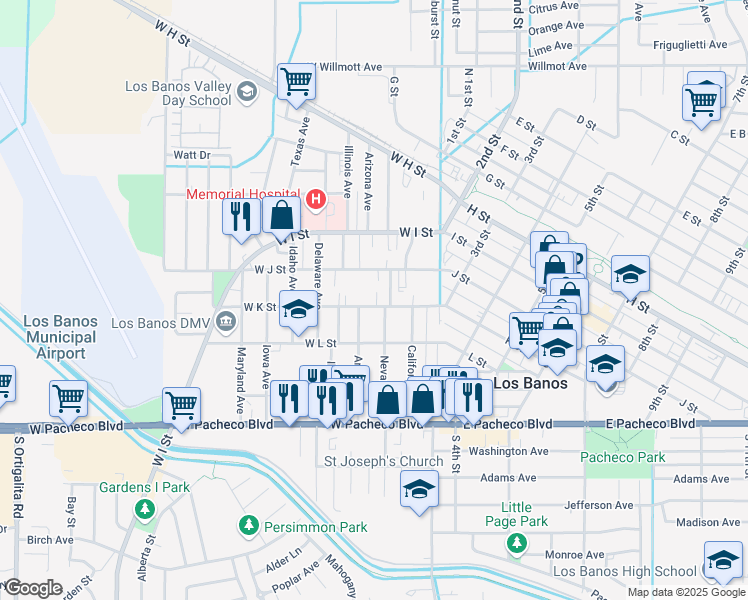 map of restaurants, bars, coffee shops, grocery stores, and more near 1117 Nevada Avenue in Los Banos