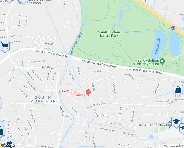 map of restaurants, bars, coffee shops, grocery stores, and more near 16 Wills Way in Hampton