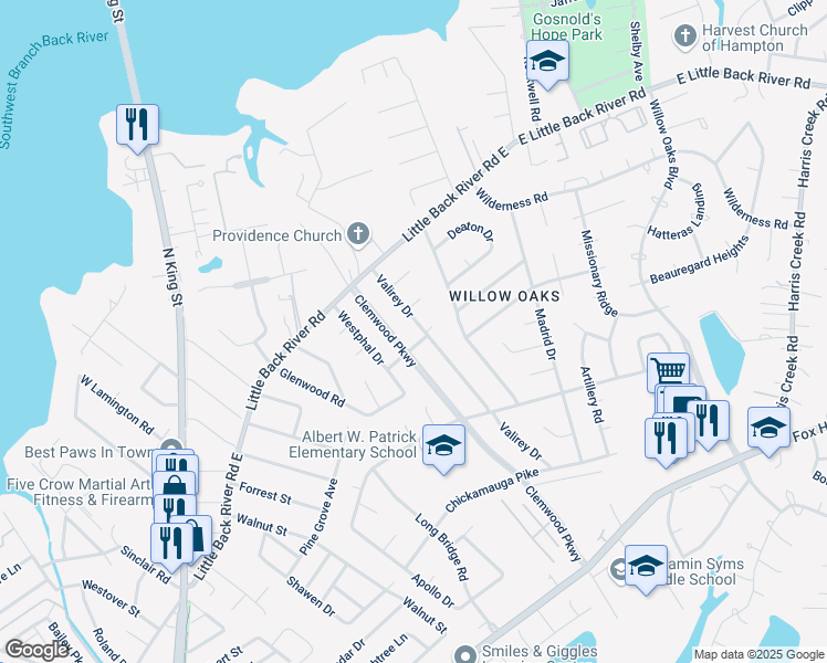 map of restaurants, bars, coffee shops, grocery stores, and more near 101 Clemwood Parkway in Hampton