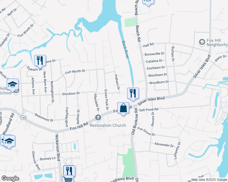 map of restaurants, bars, coffee shops, grocery stores, and more near 529 Stockton Street in Hampton