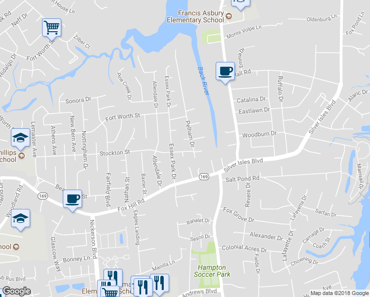 map of restaurants, bars, coffee shops, grocery stores, and more near 529 Stockton Street in Hampton