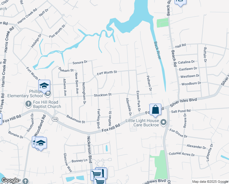 map of restaurants, bars, coffee shops, grocery stores, and more near 472 Stockton Street in Hampton