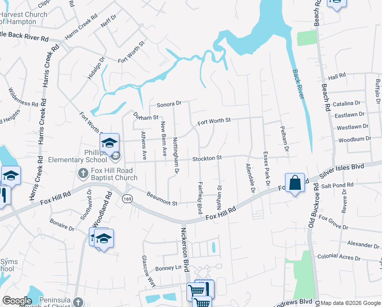 map of restaurants, bars, coffee shops, grocery stores, and more near 636 Kings View Court in Hampton