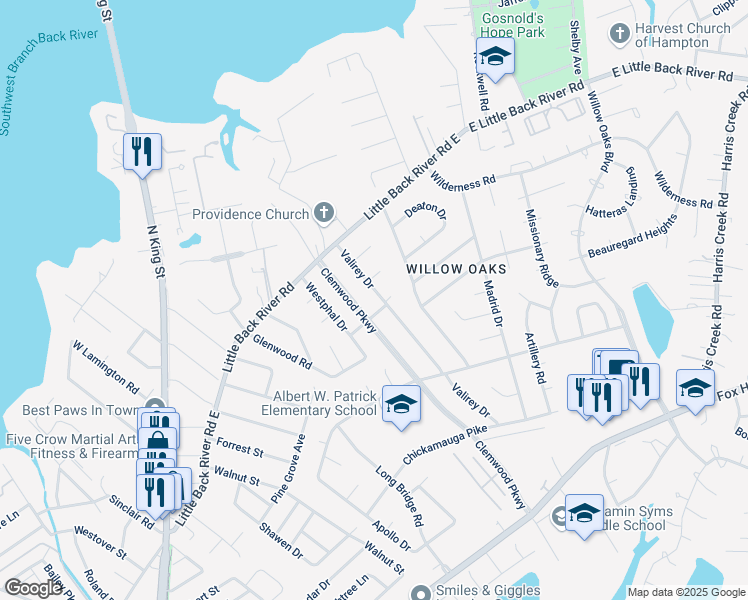 map of restaurants, bars, coffee shops, grocery stores, and more near 101 Clemwood Parkway in Hampton