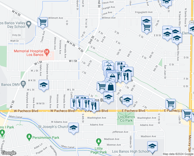 map of restaurants, bars, coffee shops, grocery stores, and more near 422 J Street in Los Banos
