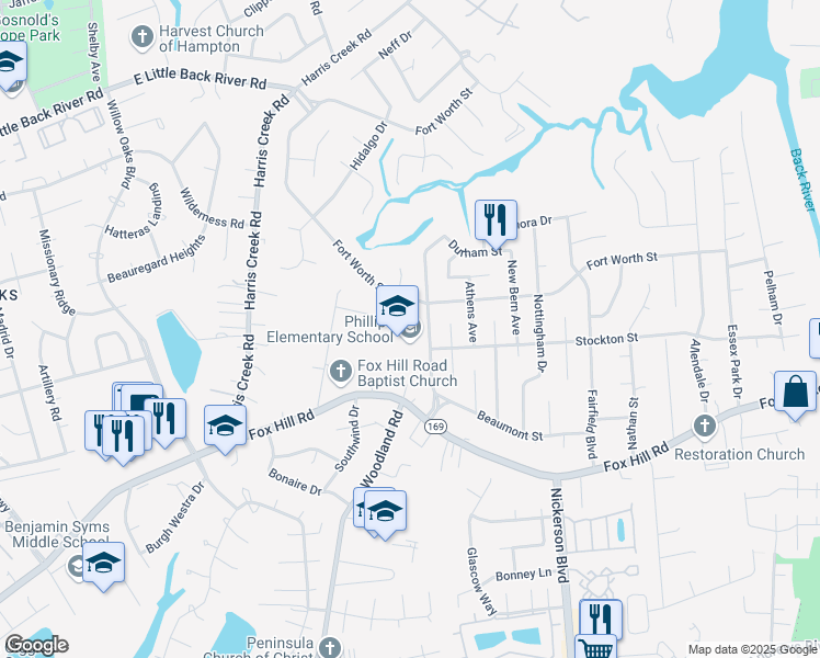 map of restaurants, bars, coffee shops, grocery stores, and more near 703 Lemaster Avenue in Hampton
