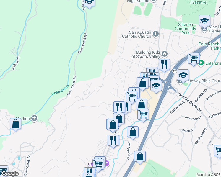 map of restaurants, bars, coffee shops, grocery stores, and more near 38 Willis Road in Scotts Valley