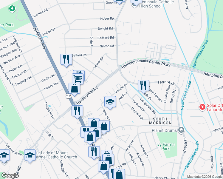 map of restaurants, bars, coffee shops, grocery stores, and more near 685 Antrim Drive in Newport News