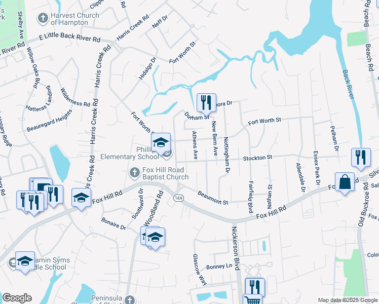 map of restaurants, bars, coffee shops, grocery stores, and more near 706 Greenville Court in Hampton