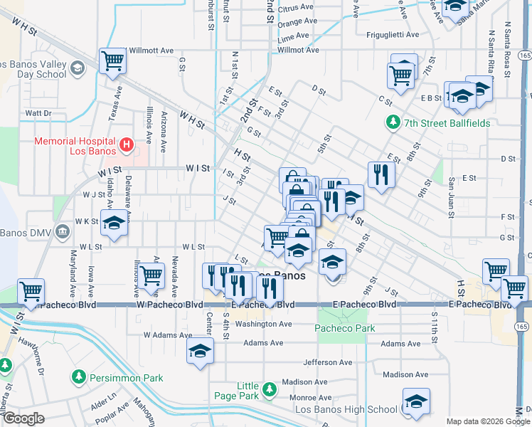 map of restaurants, bars, coffee shops, grocery stores, and more near 422 J Street in Los Banos