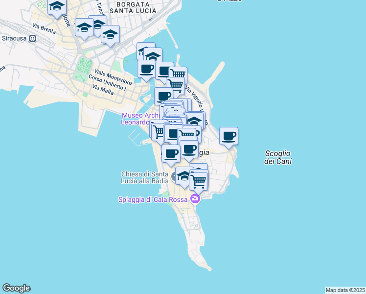 map of restaurants, bars, coffee shops, grocery stores, and more near 17 Via Tintori in Siracusa