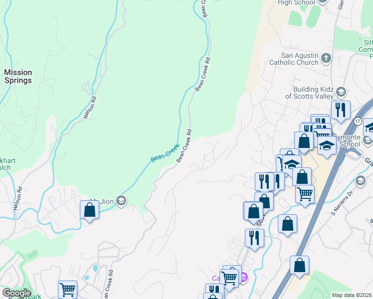 map of restaurants, bars, coffee shops, grocery stores, and more near 1490 Bean Creek Road in Scotts Valley