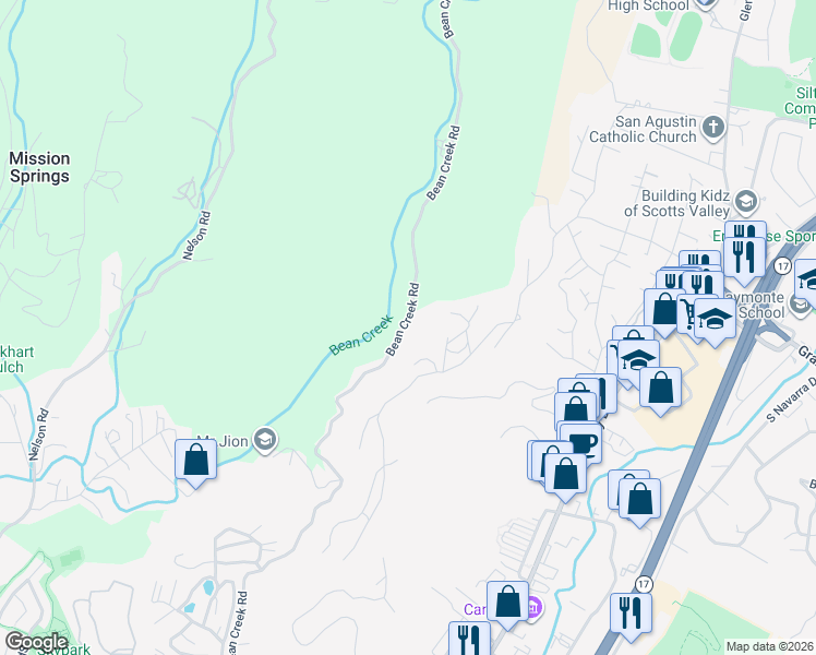 map of restaurants, bars, coffee shops, grocery stores, and more near 11 Country Lane in Scotts Valley