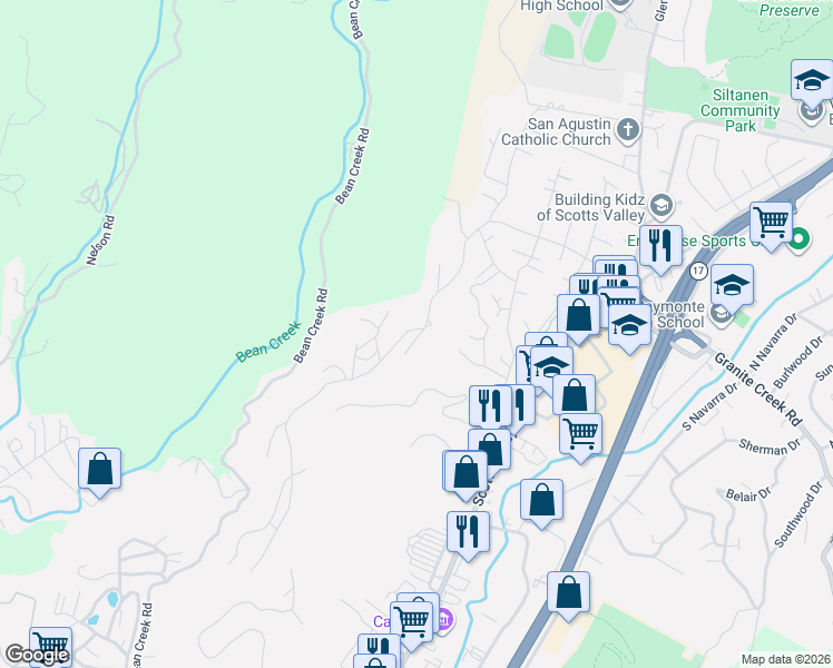 map of restaurants, bars, coffee shops, grocery stores, and more near 0 Deer Trail Way in Scotts Valley
