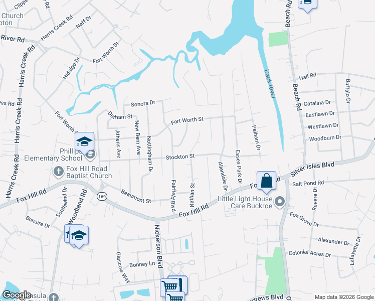 map of restaurants, bars, coffee shops, grocery stores, and more near 469 Duchess Court in Hampton