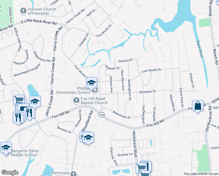 map of restaurants, bars, coffee shops, grocery stores, and more near 418 Fort Worth Street in Hampton