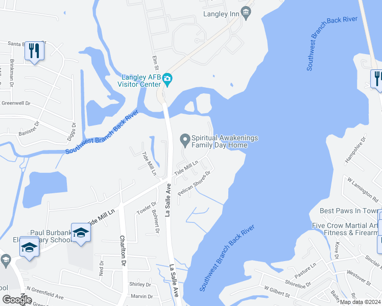 map of restaurants, bars, coffee shops, grocery stores, and more near 125 Tide Mill Lane in Hampton