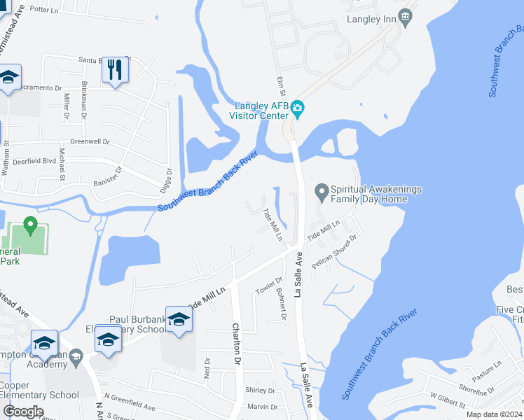 map of restaurants, bars, coffee shops, grocery stores, and more near 99 Tide Mill Lane in Hampton