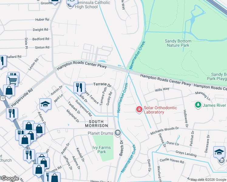 map of restaurants, bars, coffee shops, grocery stores, and more near 762 Gunby Road in Newport News