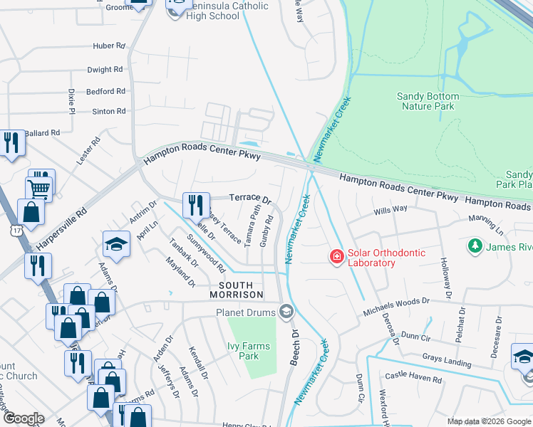 map of restaurants, bars, coffee shops, grocery stores, and more near 750 Terrace Drive in Newport News