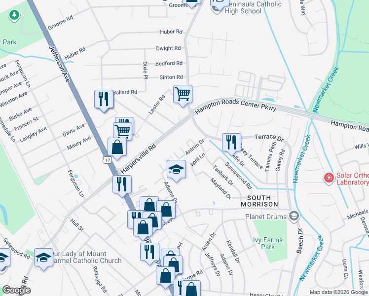 map of restaurants, bars, coffee shops, grocery stores, and more near 725 Antrim Drive in Newport News