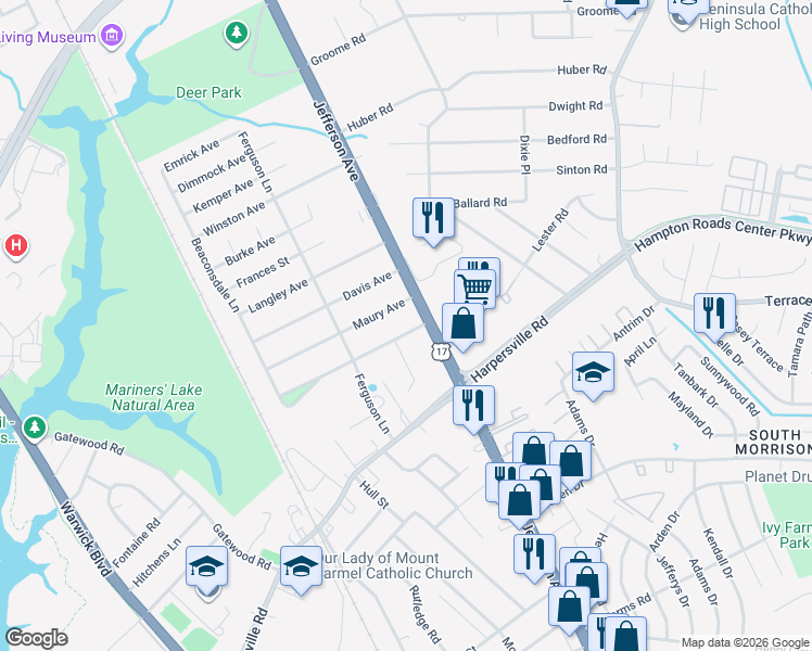map of restaurants, bars, coffee shops, grocery stores, and more near 43 Maury Avenue in Newport News