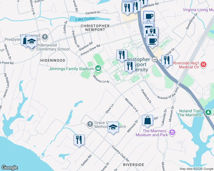 map of restaurants, bars, coffee shops, grocery stores, and more near 38 Moores Lane North in Newport News