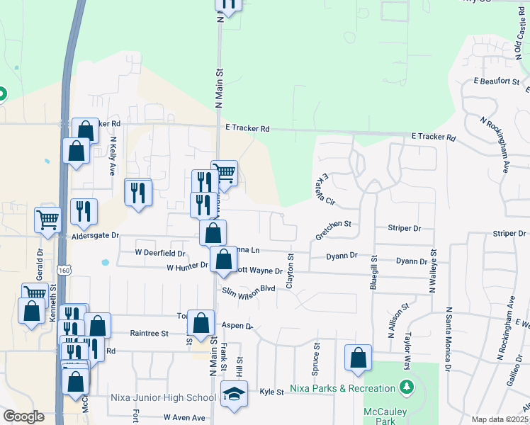 map of restaurants, bars, coffee shops, grocery stores, and more near 1220 Kiwi Court in Nixa