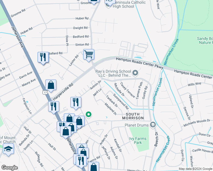 map of restaurants, bars, coffee shops, grocery stores, and more near 766 April Lane in Newport News