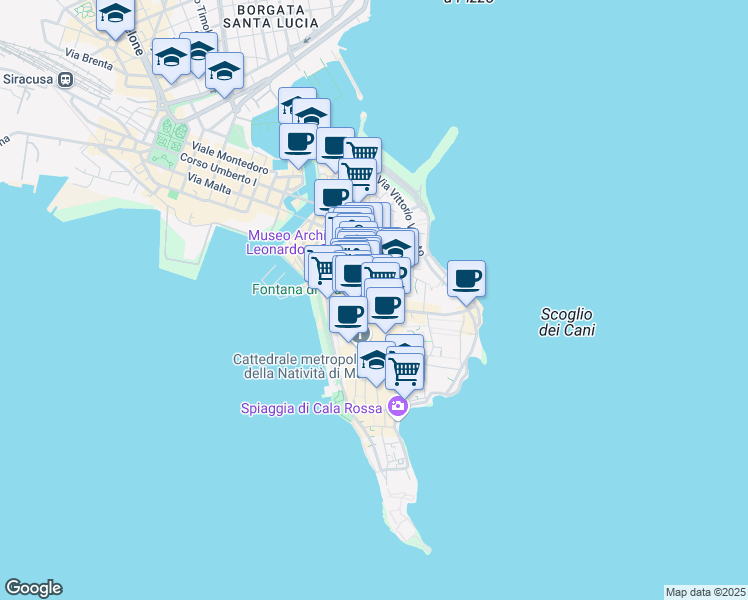 map of restaurants, bars, coffee shops, grocery stores, and more near 17 Via Tintori in Siracusa