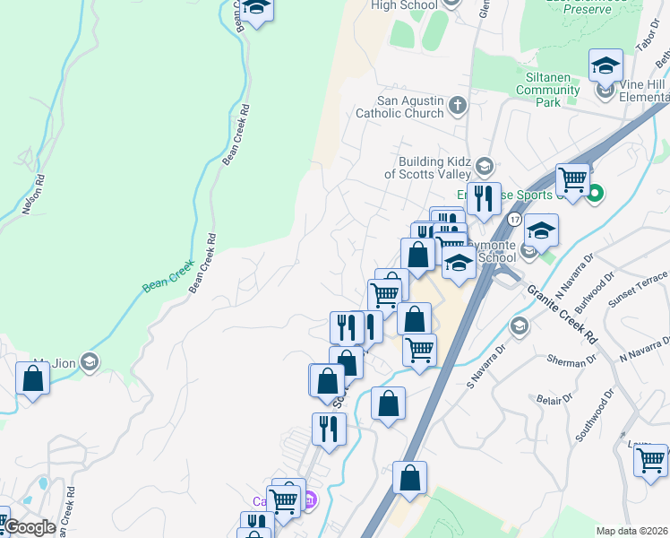 map of restaurants, bars, coffee shops, grocery stores, and more near 4 Tuscany Court in Scotts Valley