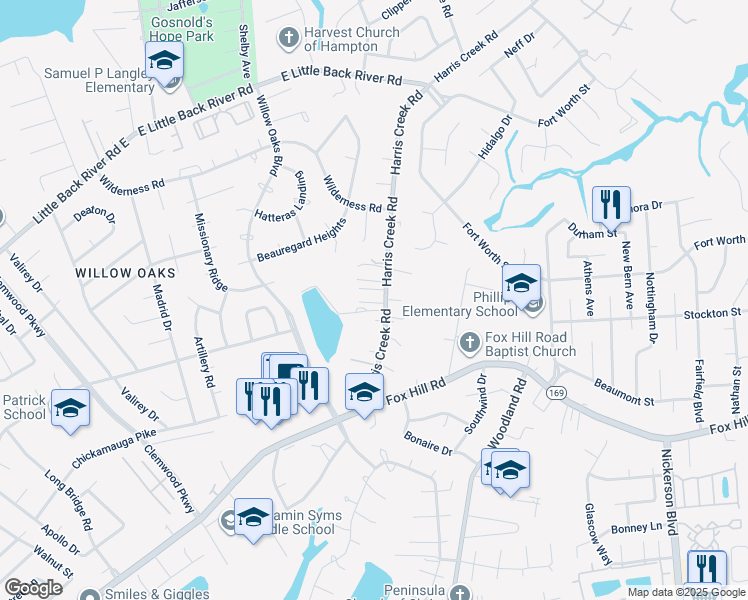 map of restaurants, bars, coffee shops, grocery stores, and more near 35 Harris Creek Road in Hampton
